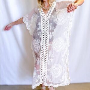 Embroidered Lace Closed Kaftan Cover Up / White
